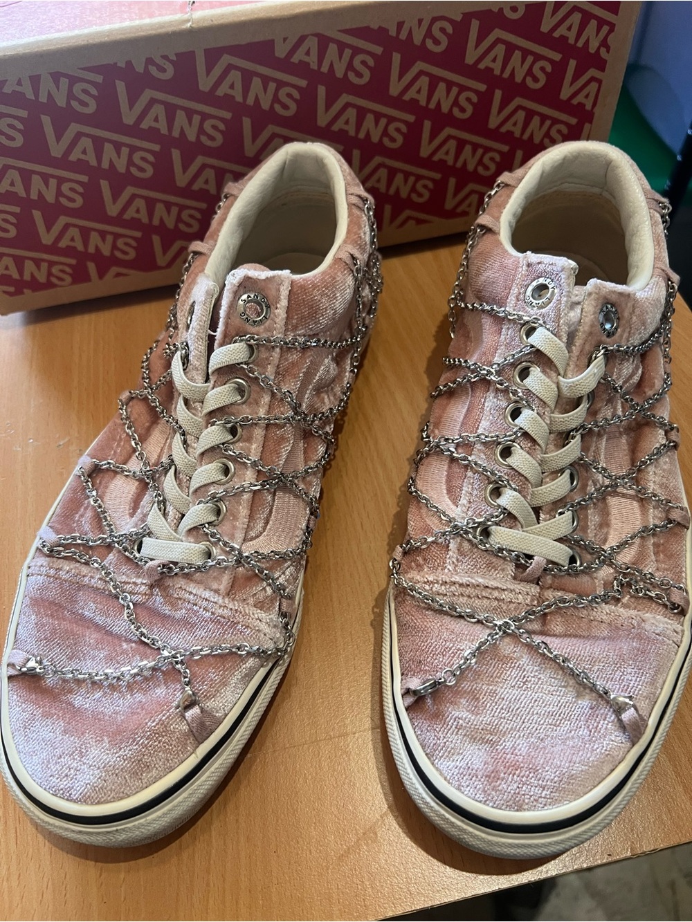 Vans Pink Velvet High-Top Sneakers with Chain Detail